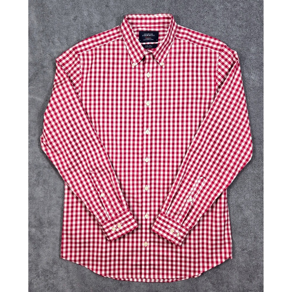 Charles Tyrwhitt Button Down Mens M Red Gingham Excellent Extra Slim Non-Iron